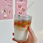 Olvini 13oz Glass Tumbler with Straw and Lid, Reusable Iced Coffee Cup Tumbler, Cute Glass Cups for Water, Matcha, Travel Coffee Mugs (Strawberry - 13oz)