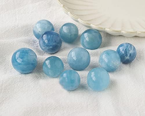 Natural Aquamarine Crystal Sphere Healing Gemstone Ball Sculpture Figurine with Wooden Stand for Divination Home Decoration 20mm