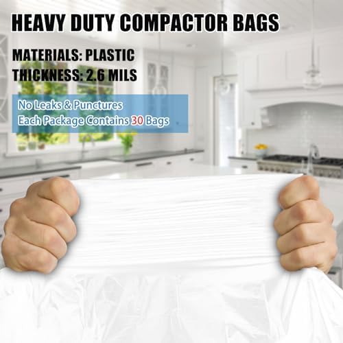 Miumoon 30-pack Trash Compactor Bags with Pre-punched Holes for Attaching, 2.6 mils Heavy Duty Trash Compactor Bags, Fits 15-inch Rectangular Drawer Compactors, Twist Ties Included, White