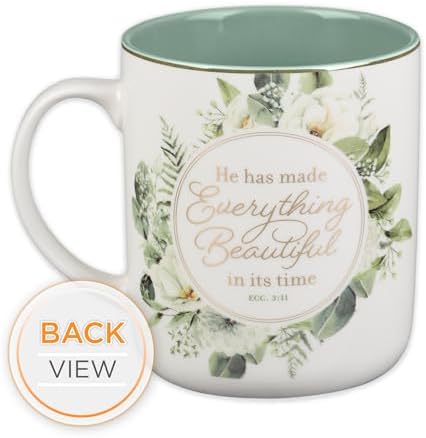 Christian Art Gifts Large Ceramic Inspirational Coffee & Tea Scripture Mug for Women: Everything Beautiful Encouraging Bible Verse, Sturdy, Novelty Non-Toxic Beverage Cup, White & Green Floral, 14 oz.