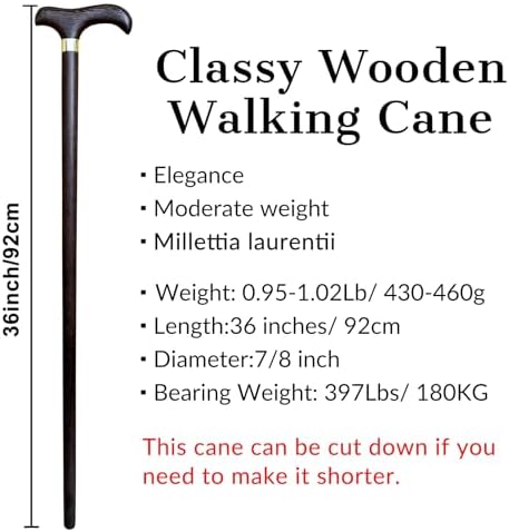 Handmade Wooden Walking Cane for Men Women Stylish Natural Wood Walking Sticks with Wrist Strap and Rubber Tips - 36 Inches