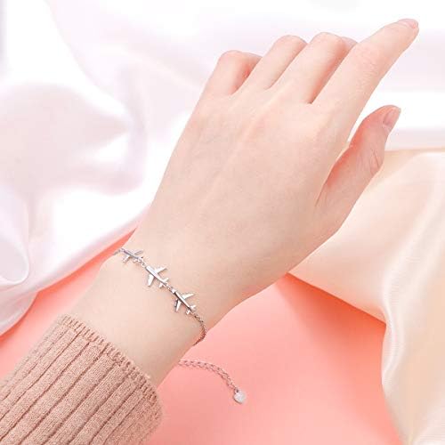 FLYOW Three Airplane Bracelet Hypoallergenic Charm Bracelets Silver for Women Lady Adjustable 7+2 Inches Graduation Birthday Gifts