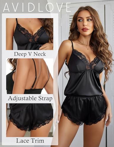 Avidlove Satin Pajamas Set Womens Lace Sleepwear Sexy Lingerie Cami Shorts Set S-XXL