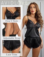 Avidlove Satin Pajamas Set Womens Lace Sleepwear Sexy Lingerie Cami Shorts Set S-XXL