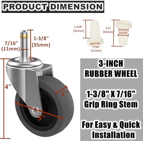 3-Inch Swivel Stem Caster for Rubbermaid Mop Bucket Utility Cart, 7/16-Inch Stem Diameter Rubber Wheel Set of 4, Heavy Duty TPR Weber Grills Shop Vac Replacement Wheels