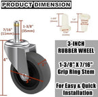 3-Inch Swivel Stem Caster for Rubbermaid Mop Bucket Utility Cart, 7/16-Inch Stem Diameter Rubber Wheel Set of 4, Heavy Duty TPR Weber Grills Shop Vac Replacement Wheels