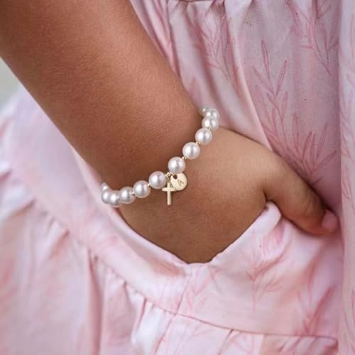 Cross Initial Bracelet Dainty Gold Cross Pearl Bracelet with Letter A-Z Christian Baptism Gifts Religious Faith Jewelry Stocking Stuffers for Teens
