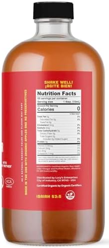 Lucy's Family Owned - USDA Organic NonGMO Raw Apple Cider Vinegar, Unfiltered, Unpasteurized, With the Mother, 34oz GLASS Bottle