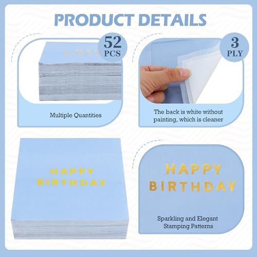 Vuzvuv 52 Pack Gold Foil Happy Birthday Cocktail Napkins - Birthday Party Dinner Hand Napkin for Party Supplies Decorations Table Decor for women man(5" Folded 3 Ply-Light Blue)