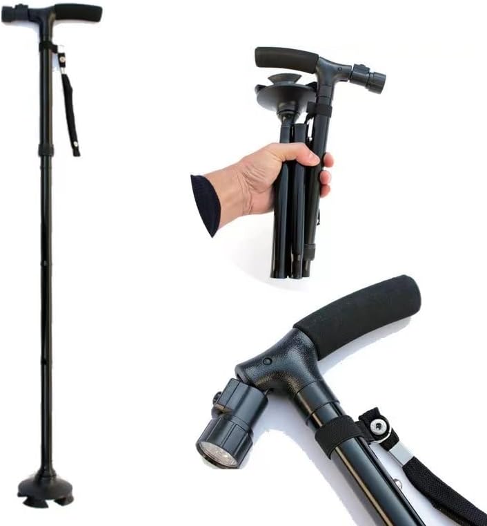 Folding Cane with Led Light, Adjustable Canes for Men and Women, Walking Stick for Elderly with Cushion Handle and Pivoting Quad Base for Hiking Mountain Climbing Backpacker…