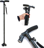 Folding Cane with Led Light, Adjustable Canes for Men and Women, Walking Stick for Elderly with Cushion Handle and Pivoting Quad Base for Hiking Mountain Climbing Backpacker…