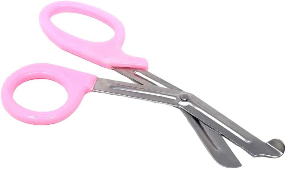 HTI Trauma Shears 7.25" All-Purpose Stainless Steel Paramedic, ER Nurse, EMT, EMS, First Responder Tactical Scissors with Serrated Blade for Outdoor Camping Rescue Tool (Baby Pink Handle)