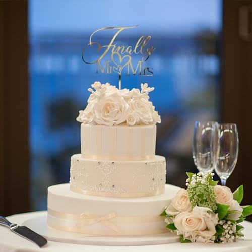 Finally Mr & Mrs Cake Topper,Elegant Cake Topper For Wedding Anniversary, Romantic Wedding Party Decorative Cake Toppers (Acrylic Gold)