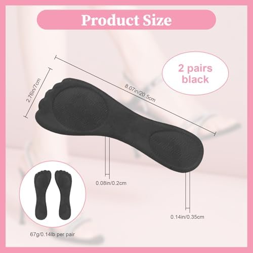 2 Pairs High Heel Inserts for Women, Gel Insoles for Women Heels, Anti-Slip Velvety Cushion Pads Insoles for High Heel Comfort, Heels Inserts for Shoes, Foot Support for Dress Sandals, Black