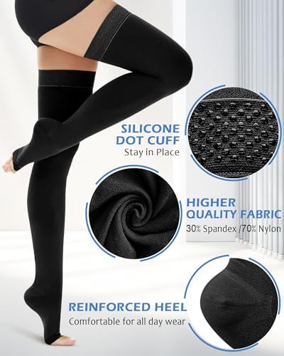 Ailaka Thigh High Medical Compression Stockings for Women Men, Open Toe Firm 20-30 mmHg Graduated Compression with Silicone Band for Varicose Veins, Edema, Post-Surgery