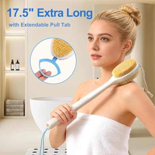 BUBBLEDANCE® Back Scrubber for Shower with Extendable Long Handle (17.5-31.9"), Dual-Sided Shower Brush with Natural Stiff & Soft Bristles, Anti-Slip Body Exfoliator for Bath & Dry Brushing