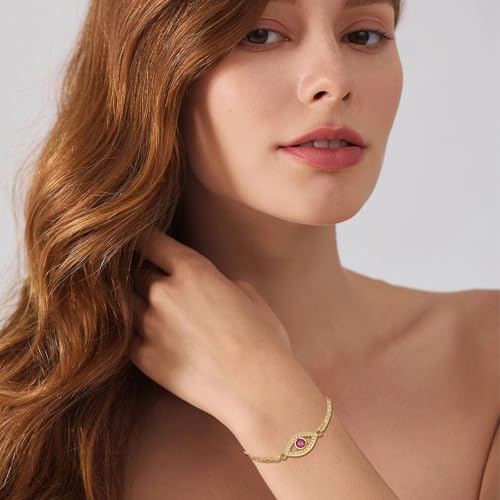 Midari 18K Yellow Gold Gemstone Birthstone Double Chain Bracelet Evil Eye Jewelry with 12 Months Birthstone Birthday Gifts for Women Wife Her Daughter Mom Sizes 7+2''