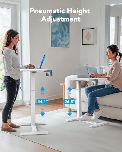 HUANUO 32Inch Bedside Table with Wheels, Height-Adjustable Rolling Computer Cart, Overbed Table with Cup Holder, Pneumatic Laptop Standing Desk for Home Office, White