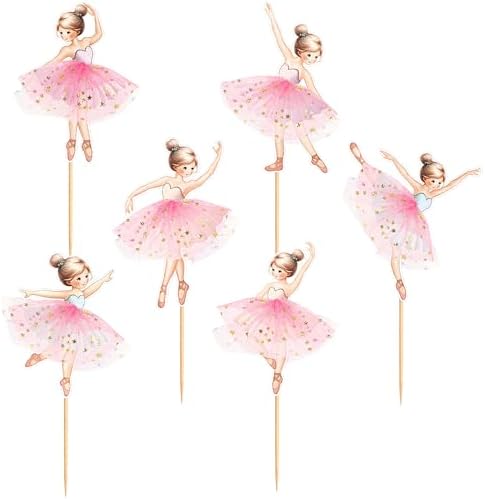 24PCS Ballerina Cupcake Topper Kit, Ballet Tutu Dancer with Slipper Picks for Little Girls Birthday, Baby Shower, Wedding Party Decorations（Pink）