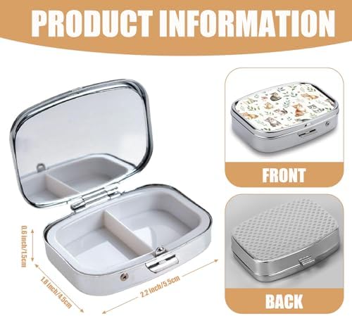 Pill Box-2 Compartment Small Pill Case Square Organizer Case with Mirror Portable Metal Medicine Box Travel Container for Pocket & Purse Women Men(Cat Lover)