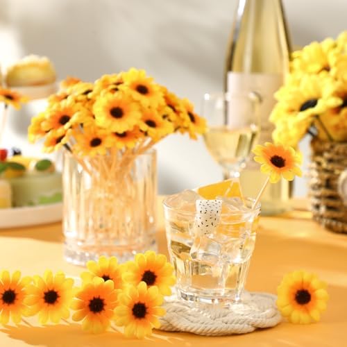 CHENGU 100 Pcs Fancy Toothpicks, 4.7 Inch Cocktail Picks Fancy Sticks for Appetizers, Handmade Bamboo Appetizer Fruit Skewers Food Picks for Wedding Valentines Holiday Decoration(Sunflower)