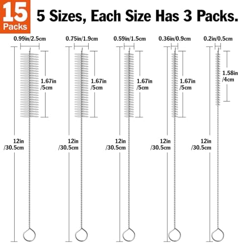 AZEN 15 Pack Straw Cleaner Brush Set, 12 inch Extra Long, 5 Different Diameters Reusable Cleaning Brush for Sippy Cup, Water Bottle and Tubes