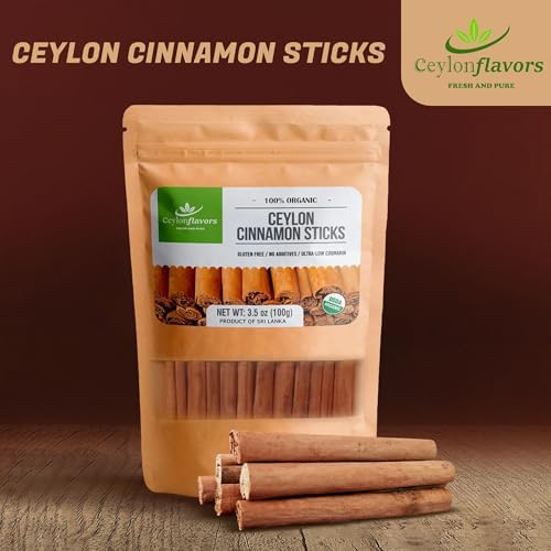 Ceylon Flavors organic Ceylon cinnamon sticks 3.5 oz (3 ") True Cinnamon, Premium Grade, Harvested & Packed from a USDA Certified Organic Farm in Sri Lanka (not cassia cinnamon)