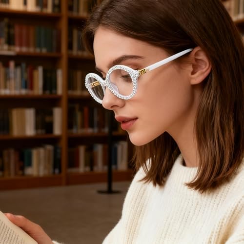 ICARA Fashion Rhinestone bling Reading Glasses for Women Retro Oval Reader Trendy Diamond Party Magnifying Glasses