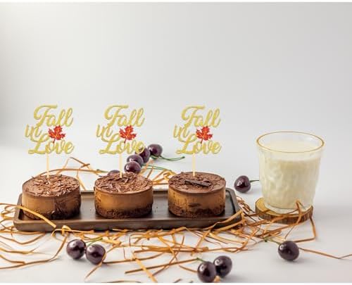 24PCS Fall in Love Cupcake Toppers Fall Theme Party Decorations, Bridal Shower Cupcake Picks Engagement Cake Decorations, Wedding Anniversary Bridal Shower Party Decorations (Gold)