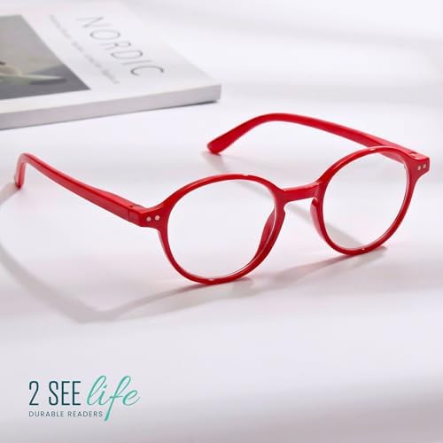 2SeeLife Small Round Reading Glasses for Men & Women – Narrow-Medium Fit, Sturdy Frame, Spring Hinges, Premium Retro Readers, Red, +2.00