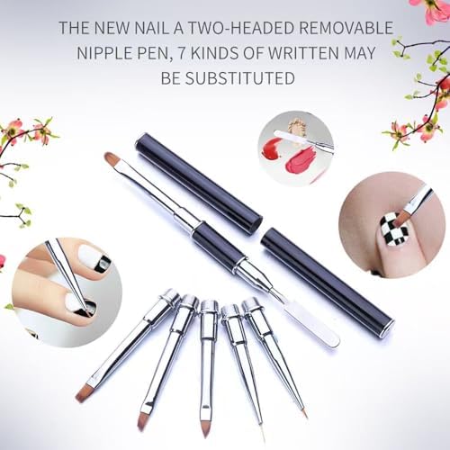 7-in-1 Nail Art Brush Set - Dual-Ended Stainless Steel Nail Tool with Spatula & Replaceable Brush Heads, Professional Acrylic & Gel Nail Brushes for Carving, Liner, Detail & Salon Manicure