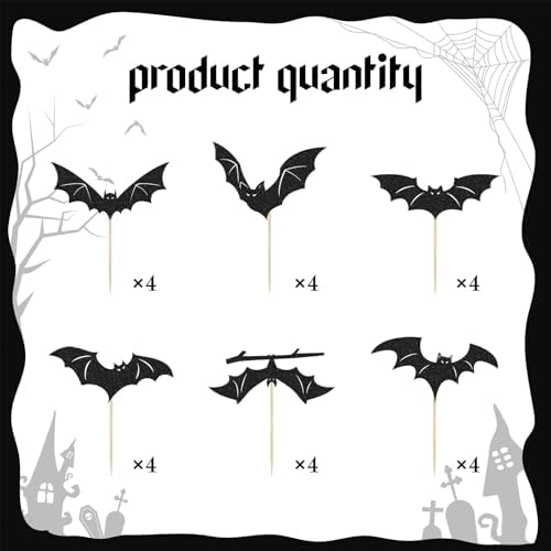 Halloween Bat Cupcake Toppers - 24 PCS Black Glitter Bats for Cake Decorations, Birthday Party Supplies
