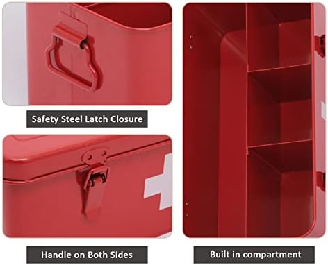 First Aid Medicine Box, First Aid Kit Supplies Bin, Metal Medicine Storage Tin, First Aid Empty Box with Safety Lock for Home Emergency Tool Set-Red