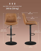 VASAGLE Bar Stools, Set of 2 Swivel Bar Chairs, Adjustable Height, Quilt, Synthetic Leather Kitchen Stools with Back and Footrest, Dining Room, Counter, Steel, Caramel Brown ULJB095K01