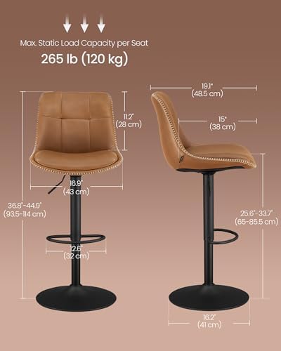 VASAGLE Bar Stools, Set of 2 Swivel Bar Chairs, Adjustable Height, Quilt, Synthetic Leather Kitchen Stools with Back and Footrest, Dining Room, Counter, Steel, Caramel Brown ULJB095K01