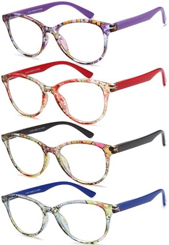 Fashion Cat Eye Reading Glasses for Women, 4-Pack Floral Pattern Readers with Spring Hinges, Lightweight Comfortable Frame, Anti Eyestrain Cheaters