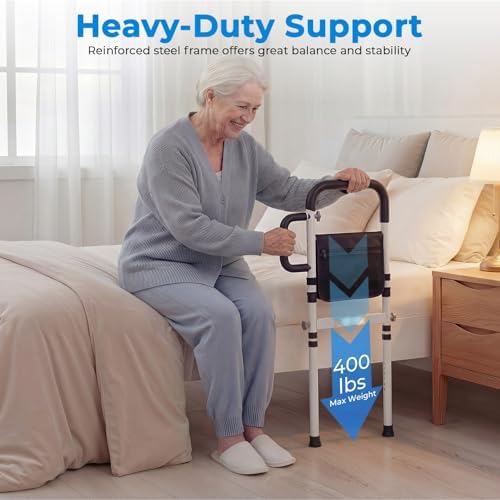 Bed Rails for Elderly Adults Safety, ASTM Certified Bed Rail for Seniors with Motion Sensor Light, Non-Slip Handle & Storage Bag, Height Adjustable Bed Assist Bar with 400LBS Support, Dark Black