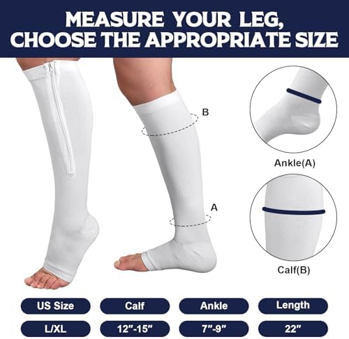 Nuanchu 3 Pairs Open Toe Zipper Compression Socks 20-30mmhg Zipper Compression Toeless Knee High Socks for Men Swelling Edema