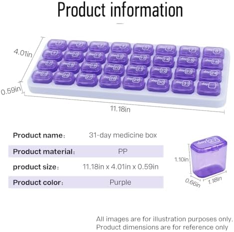 Monthly Pill Organizer, Large Travel Pill Box 31 Day, Daily Pill Case, Pill Holder Container for Vitamin, Medicine, Supplement, Fish Oil, Purple