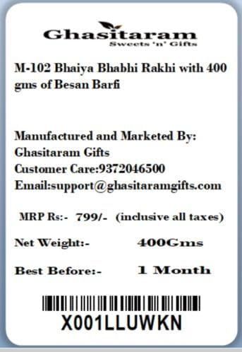 Ghasitaram Gifts Rakhis Online - Rakhi for Brother-M-102 Bhaiya Bhabhi Rakhi with 400 GMS of Besan Barfi