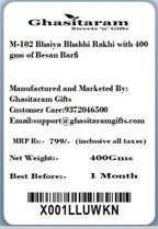 Ghasitaram Gifts Rakhis Online - Rakhi for Brother-M-102 Bhaiya Bhabhi Rakhi with 400 GMS of Besan Barfi