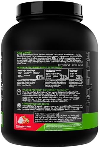 Rule 1 Proteins Mass Gainer - High-Calorie Weight Gain Formula with 1,220+ Calories, 250g+ Complex Carb Blend, 40g All-Whey Protein Per Serving (8 Servings, Strawberries & Crème)