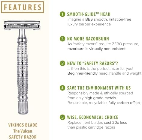 VIKINGS BLADE Double Edge Safety Razor for Men + 5 Swedish Steel Blades + Luxury Case. Long Handle. Smooth, Reusable, Eco-Friendly (The Vulcan)