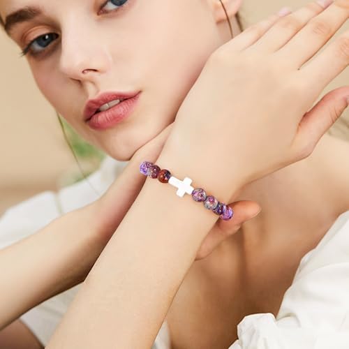 VIBILIA Cross Beaded Bracelets for Women, Inspirational Natural Gemstone Heart Bracelets for Women, Birthday Gifts for Women Mom Daughter Wife Sister Friend on Valentine's Day Easter Mother's Day