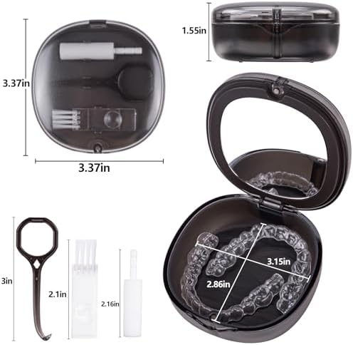 Dental Retainer Box Case Orthodontic Retainer Container with Removal Tool, Chew and Travel Brush, Double-layer Mouth Guard Holder Container Case with Mirror - Transparent Black