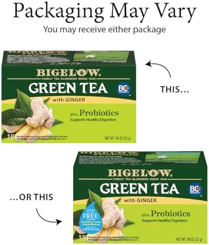 Bigelow Tea Green Tea with Ginger Plus Probiotics, Caffeinated Tea with Ginger, 18 Count Box, (Pack of 6), 108 Total Tea Bags