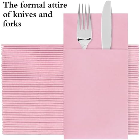Pink Napkins Disposable Linen Feel Napkins with Built-in Flatware Pocket, Prefolded for Knives and Forks, Pink Dinner Napkins for Evening Parties, Weddings, easter, birthday, 100Pack