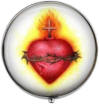 Flaming Sacred Heart,Christian Gift,Religious - Art Photo Pill Box - Charm Pill Box - Glass Candy Box, 40, Silver