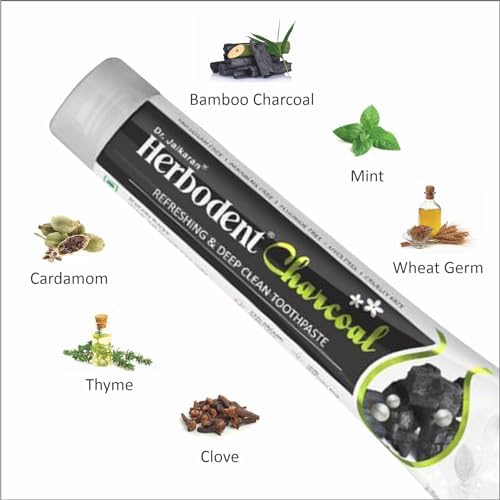 Herbodent® Charcoal Toothpaste - 6.53oz/185g Pack of 1 | Whitens Teeth & Fresh Breath | No Bleach, No Fluoride | Activated Bamboo Charcoal & Organic Herbs -Wheat Germ, Thyme, Clove