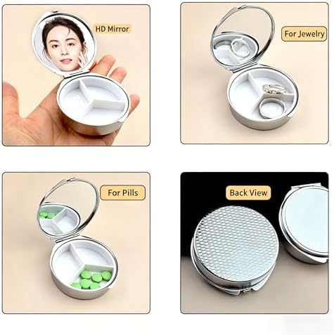 3 Compartment Metal Pill Box, Round Tiny Pill Case with Mirror, Portable Pill Organizer for Purse, Art Print, Multi-use Jewelry Container (Blue Marble)